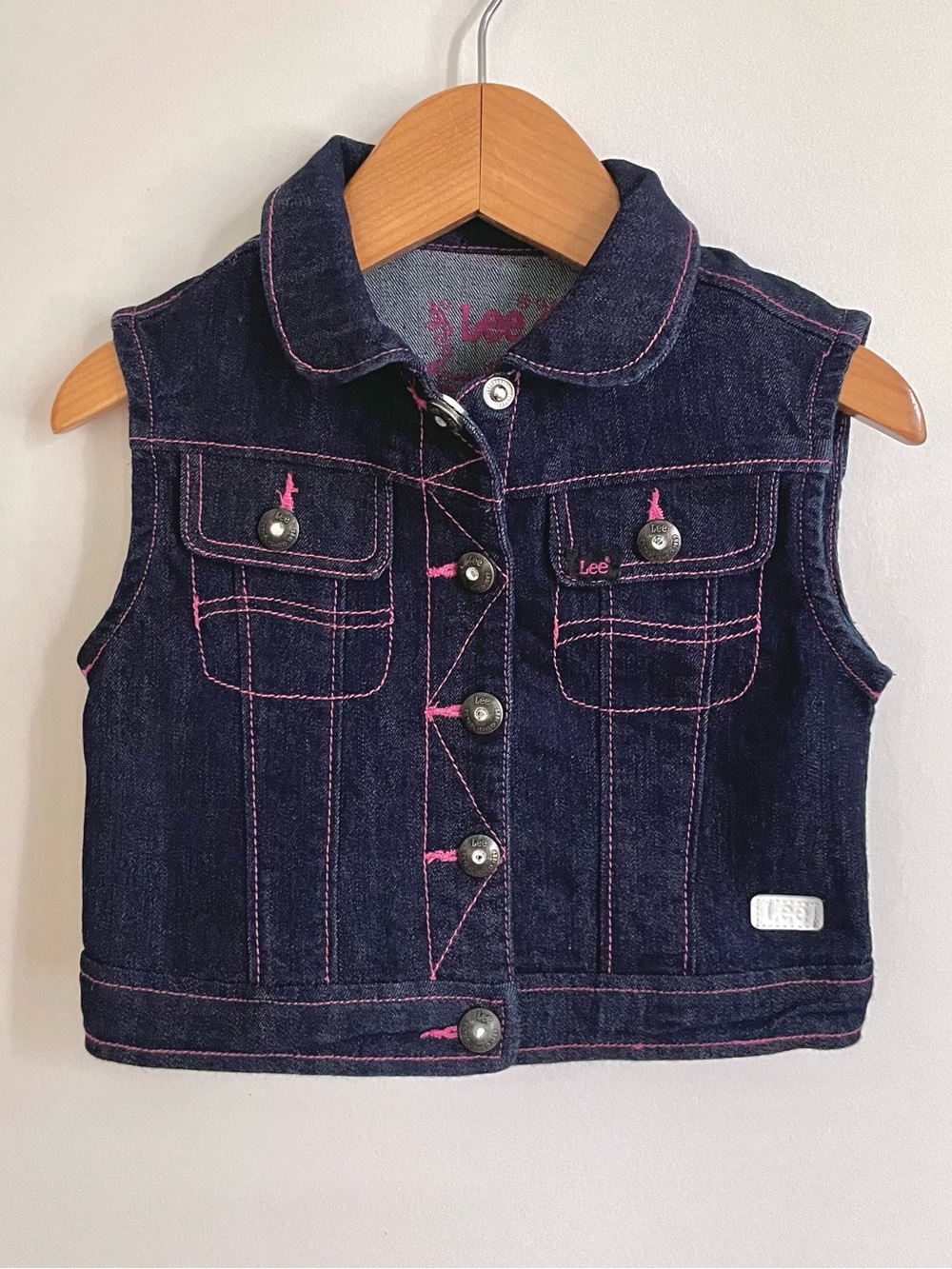 Vintage Y2K Lee Jeans Baby Girl Denim Vest, Rhinestone Buttons, Pink Stitching